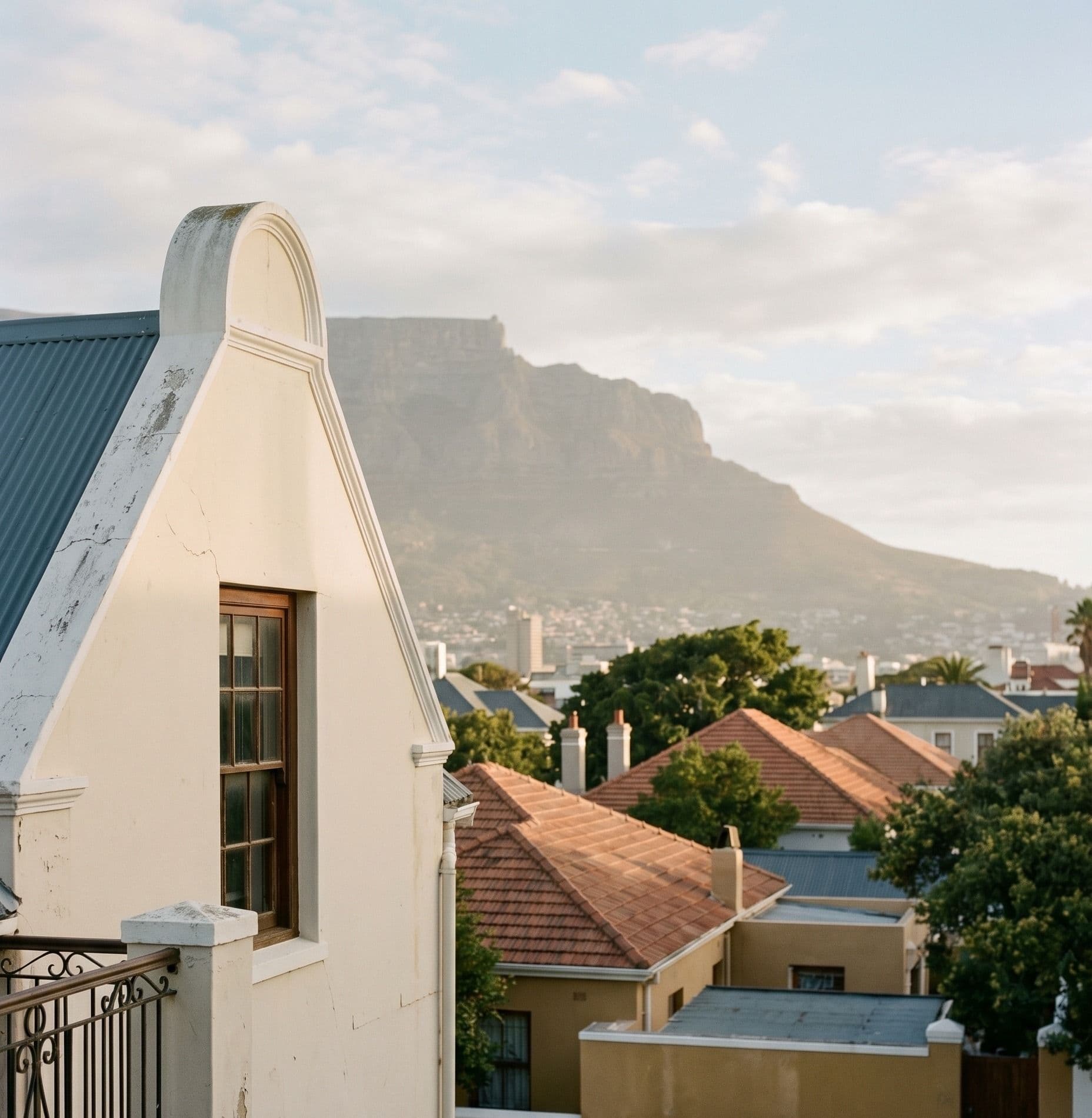 A Cape Dutch gable above terracotta-tiled rooftops, with Table Mountain rising in the soft afternoon haze of central Cape Town